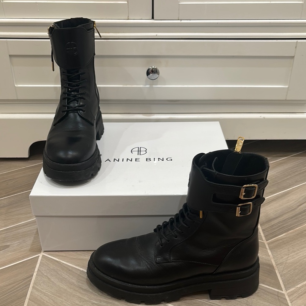 Anine Bing Black Combat Moto Boots with Lace-Up Design